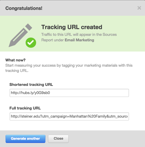 Hubspot Tracking URL created screen